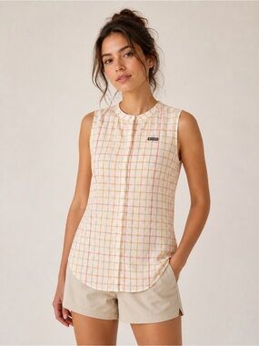 Columbia Omni-Shade Sleeveless Plaid Button Shirt White Yellow Red Tan Large